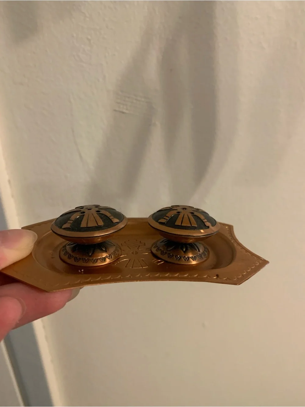 Vintage copper Native Motif salt and pepper shakers